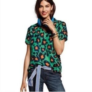 CAbi Rita Animal Print Short Sleeve Blouse Size: XS Green / Navy/ Orange